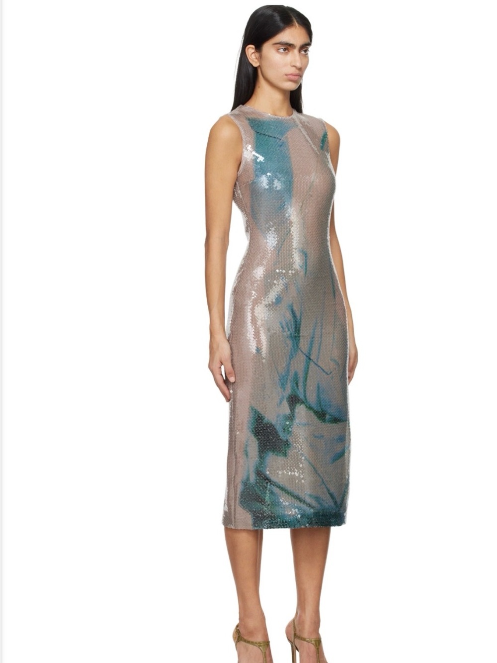 Sleeveless Midi Sequin Dress in Blush with Teal Accents